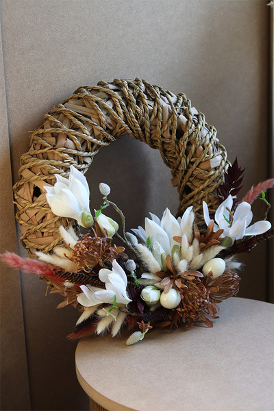 Magnolie Boho, wiosenny wianek z suszem