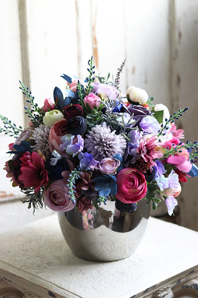 bogata kompozycja z fioletowymi kwiatami, Gerrista, wym.32x29cm