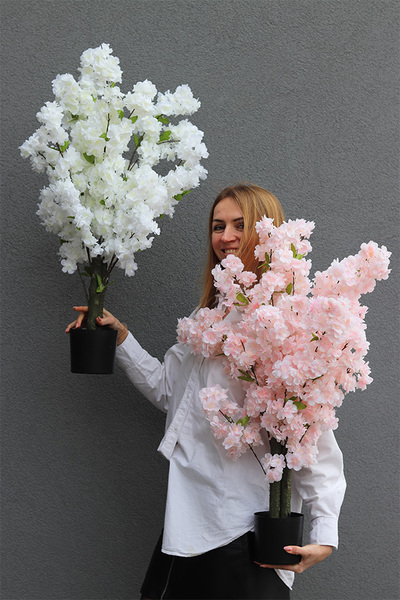 Kwitnąca Wiśnia, sztuczna roślina w doniczce, biała