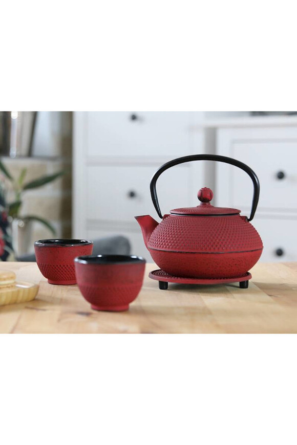 Awaji, żeliwny zestaw do herbaty, czerwony