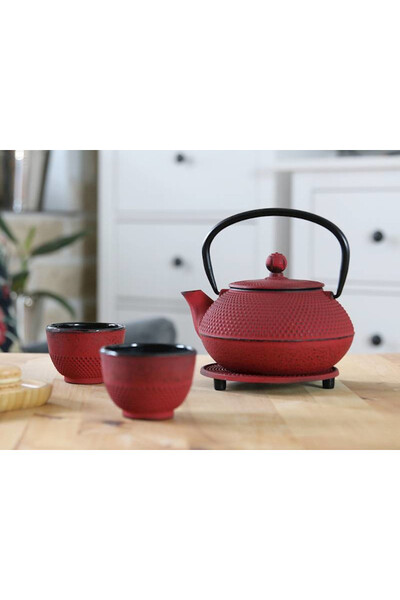 Awaji, żeliwny zestaw do herbaty, czerwony