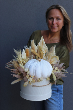 Velurowa Dynia, jesienny flowerbox z suszem, L, wys.40cm  