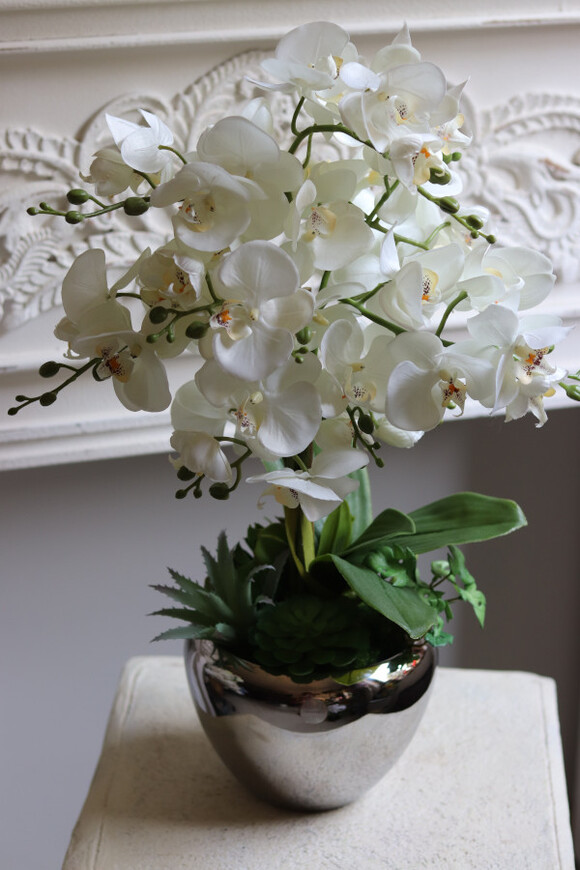 Silver Suculenti, sztuczny storczyk w lustrzanej donicy