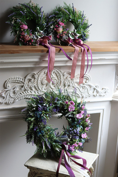 Viella, wianek z lawendą, szafirkami i ptaszkiem