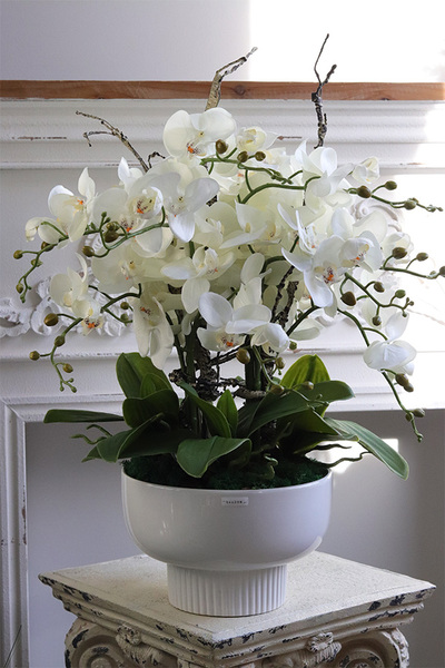 Japandi Orchid 3, sztuczny storczyk w ceramicznym pucharze