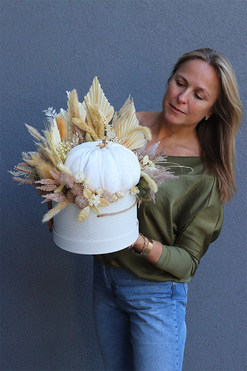 Velurowa Dynia, jesienny flowerbox z suszem, L, wys.40cm  