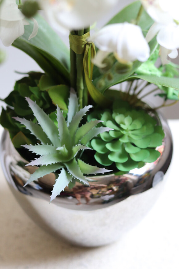 Silver Suculenti, sztuczny storczyk w lustrzanej donicy