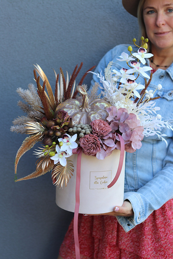 Złota Dynia, box jesienny z ceramiczną dynią, wys.48cm