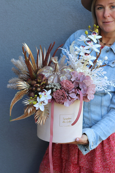 Złota Dynia, box jesienny z ceramiczną dynią, wys.48cm