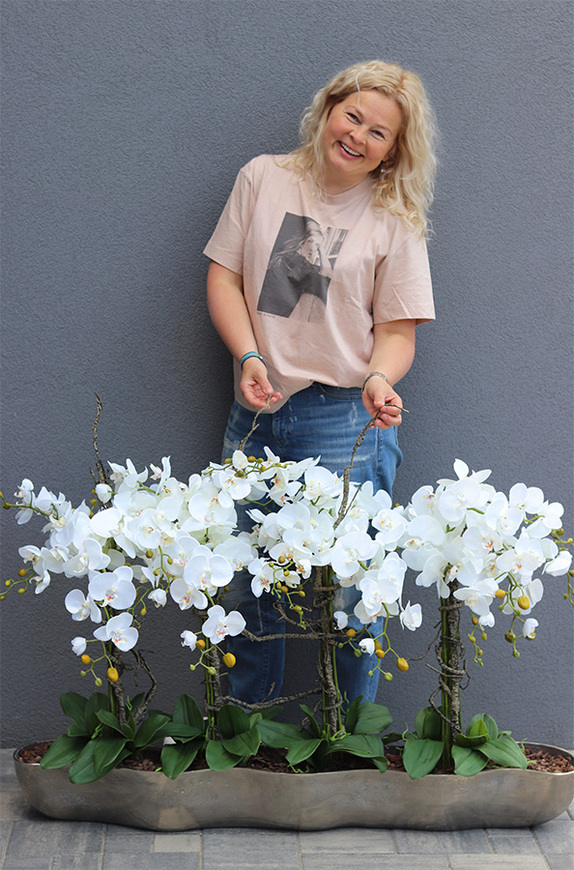 Snake Modern XXL, sztuczny storczyk w srebrnej donicy, wym.79x120cm