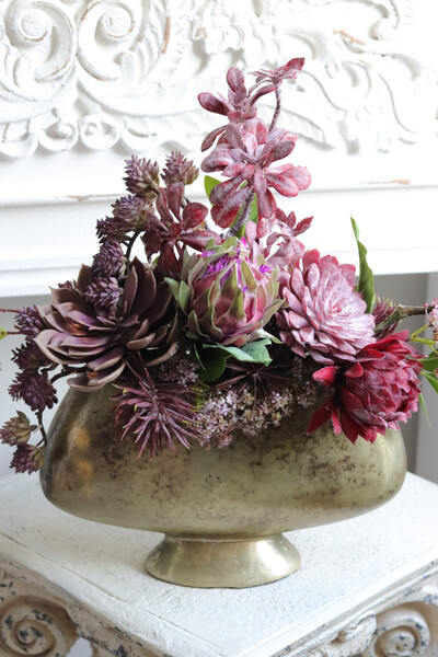 Olivina Kristi 3, kompozycja sukulenty w złotym pucharze