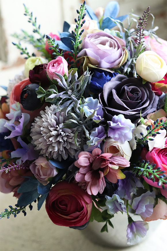 bogata kompozycja z fioletowymi kwiatami, Gerrista, wym.32x29cm