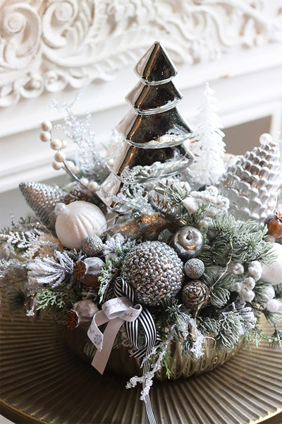 Frozen Forest, świąteczny stroik w srebrnej misie LED