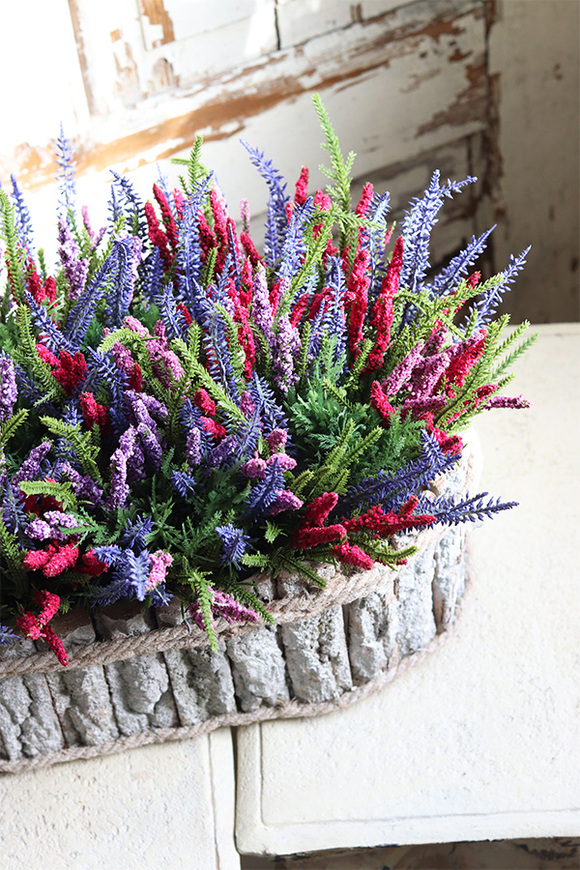 Kolorowe Wrzosy 2, kompozycja kwiatowa w brzozowej skrzynce, wym.28x49cm 