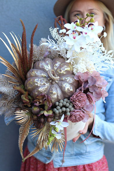 Złota Dynia, box jesienny z ceramiczną dynią, wys.48cm