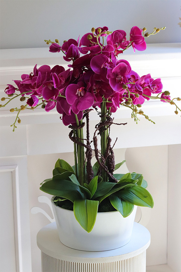 Fuksja House Malaga, sztuczny storczyk w białej donicy,