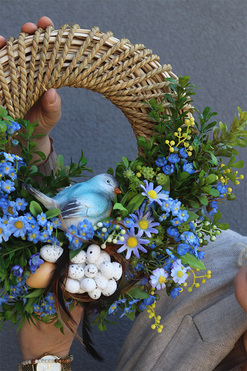 OD RĘKI Blue Bird Spring 3, wiosenny wianek dekoracyjny z ptaszkiem, rozp.38cm