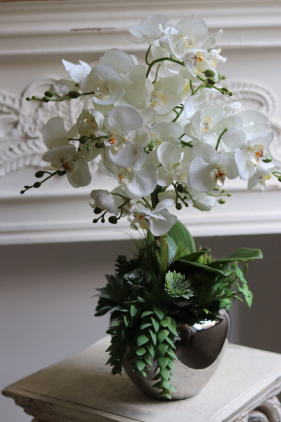 Silver Suculenti 2, sztuczny storczyk w lustrzanej donicy