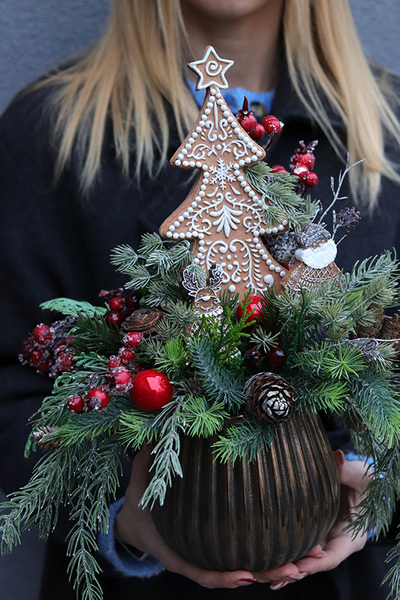 Choinkowy, świąteczny stroik z piernikową choinką