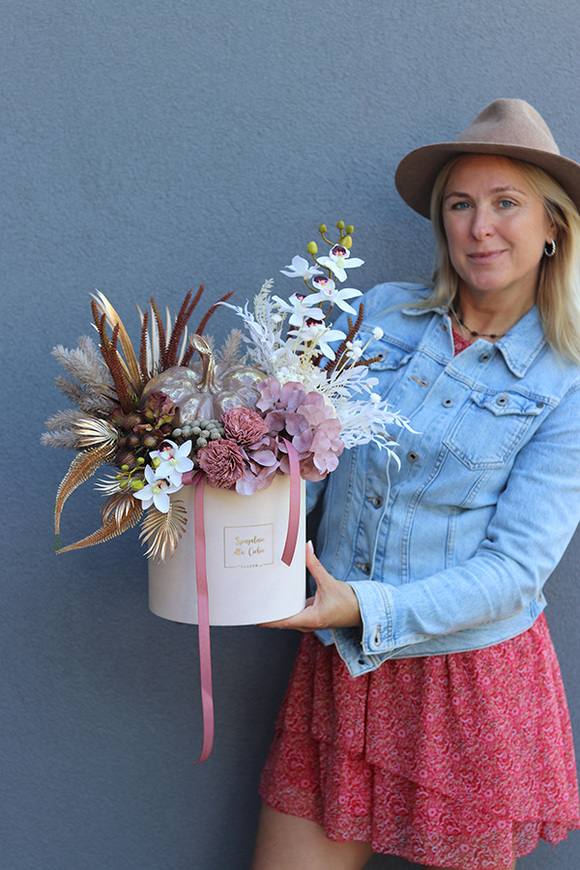 Złota Dynia, box jesienny z ceramiczną dynią, wys.48cm