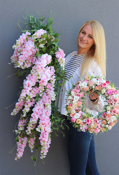 elegancka girlanda z biało-różowymi kwiatami, Wisteria Pink New, dł.1m 