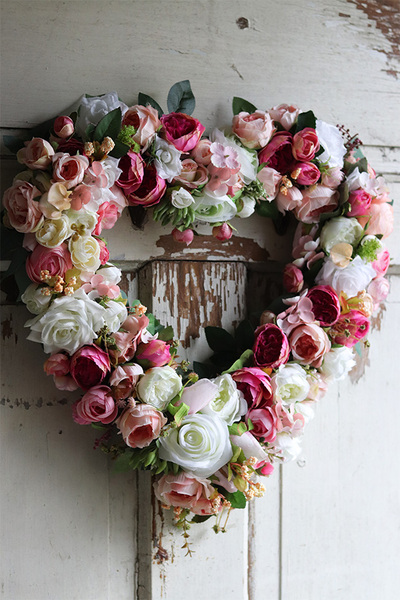 dekoracyjny wianek - serce kwiatowe, Pink Heart, wym.45x45cm 