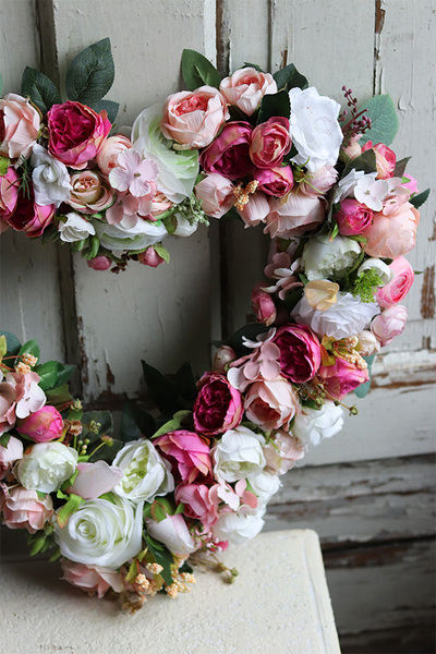 dekoracyjny wianek - serce kwiatowe, Pink Heart, wym.45x45cm 