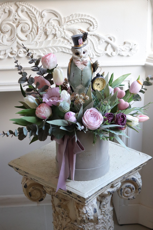 Mądra Sowa, flowerbox welurowy z figurką