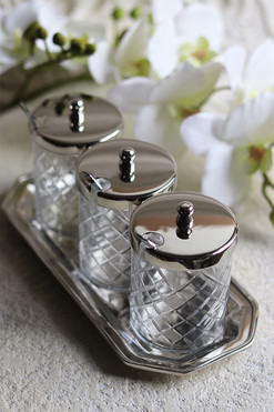 trzy słoiki na tacy, Lux Villa Silver Glamour, wym.9x21x9cm 