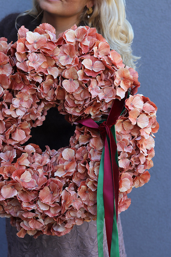 Hortensja Melisse, wianek na drzwi z pomarańczowych hortensji, śr.48cm