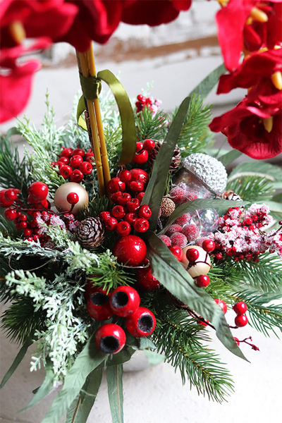 dekoracja świąteczna ze storczykiem, Velurro Red, wys.64cm 