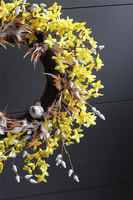 Wiosenne Forsycje, wiosenny wianek kwiatowy z ptaszkami