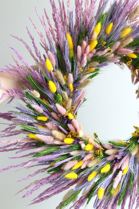 Jajo Pastelowe, dekoracyjny wianek z suszem