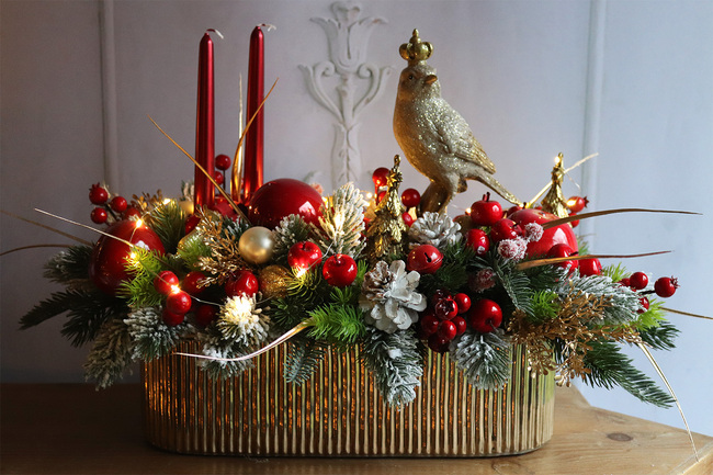 Bird in Crown, świąteczny stroik LED w naczyniu