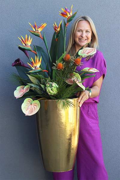 Anturium & Strelicja Złota Bajka, egzotyczna kompozycja do donicy klienta, wys.120cm