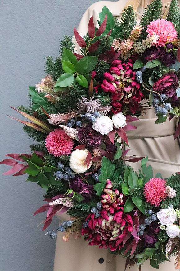 Merlot 2, jesienny wieniec nagrobny z dyniami, śr.