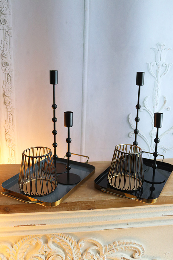 Scandi House, zestaw do świec, taca dwa świeczniki lampion