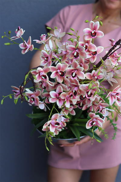 Pink Gerrata, sztuczny gumowy storczyk w srebrnej misie