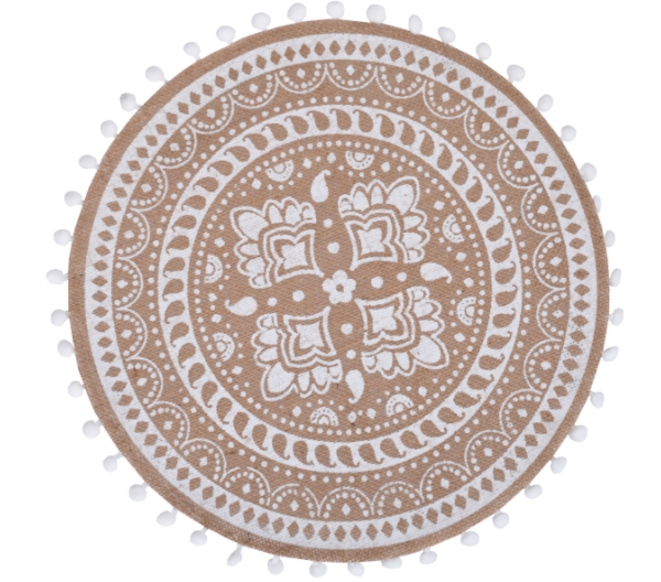 Boho White, okrągła podkładka z juty z wzorem i pomponikami, śr.38cm 