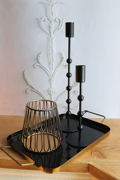 Scandi House Black, zestaw do świec, taca + 2 świeczniki + lampion