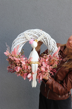 OD RĘKI Króliczka Bookbunny, wiosenny wianek z zajączkiem, rozp.46cm