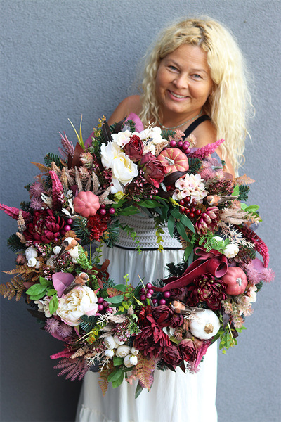 Miechunka, jesienny wianek z dyniami