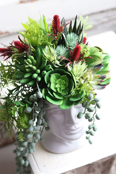 efektowna kompozycja sukulenty w głowie, Crazy Head White 2, wys.28cm