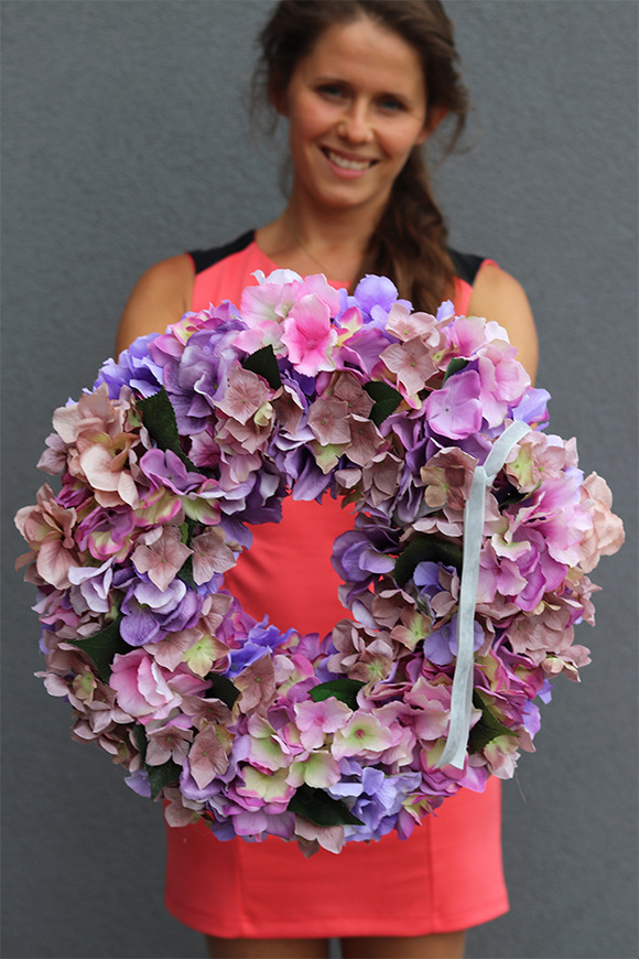 Leopoldi, fioletowo-różowy wianek z hortensjami