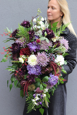 Fioletowa Drogea, jesienna wiązanka nagrobna w misie, dł.80cm