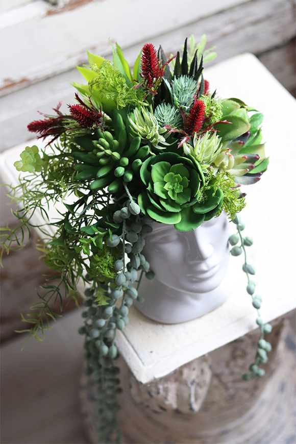 efektowna kompozycja sukulenty w głowie, Crazy Head White 2, wys.28cm