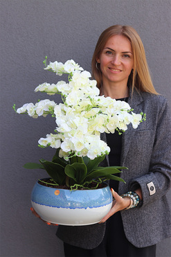 Quemada Blue 2, sztuczny storczyk w ozdobnej misie, wys.57cm