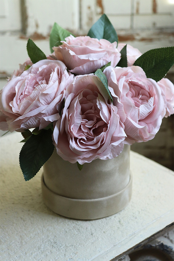 beżowy welurowy flowerbox z piwoniami, Severna Romantic, wys.24cm