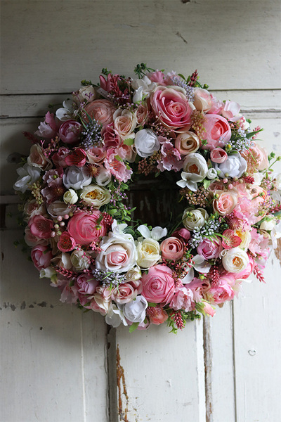 Arabeska 2, bogaty pastelowy wianek na drzwi, śr.34cm