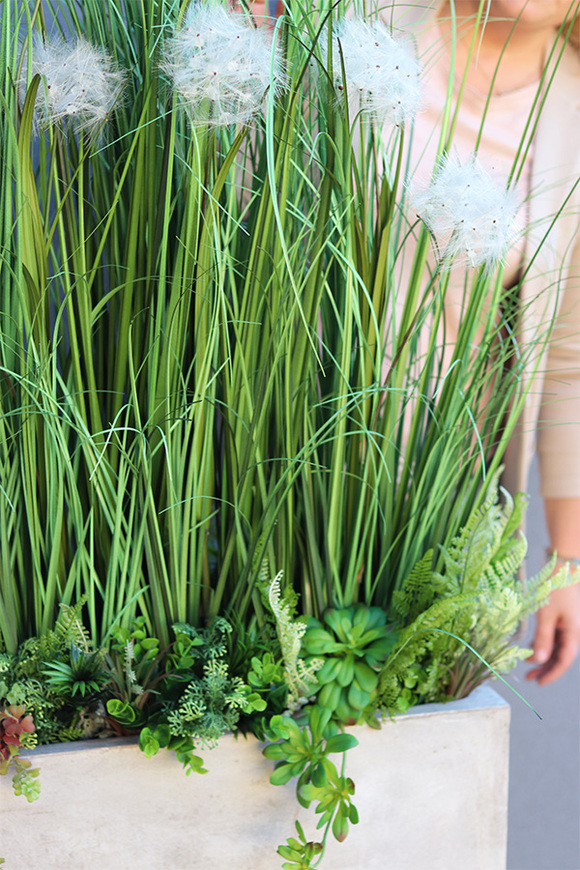 Moderni Concrete, sztuczna trawa z dmuchawcami w betonowej donicy,